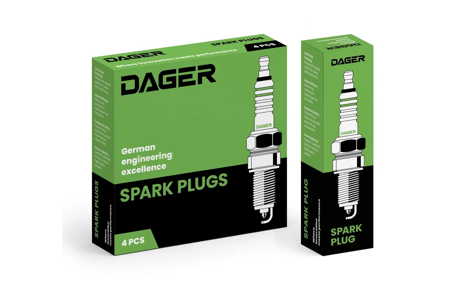 Verpackung der DAGER Zündkerzen: Viererpackung und Einzelpackung